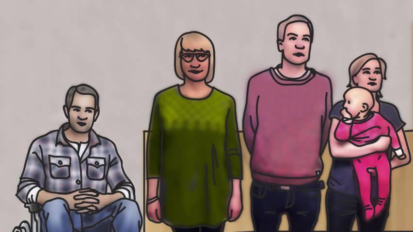 Ryhmä ihmisiä, joista yksi istuu pyörätuolissa. Muut seisovat vieressä, yksi pitää vauvaa sylissään. Taustalla on vaalea sohva.